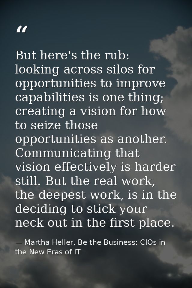 But here's the rub: looking across silos for opportunities to improve capabilities is one thing; creating a vision for h — Martha Heller, Be the Business: CIOs in the New Eras of IT