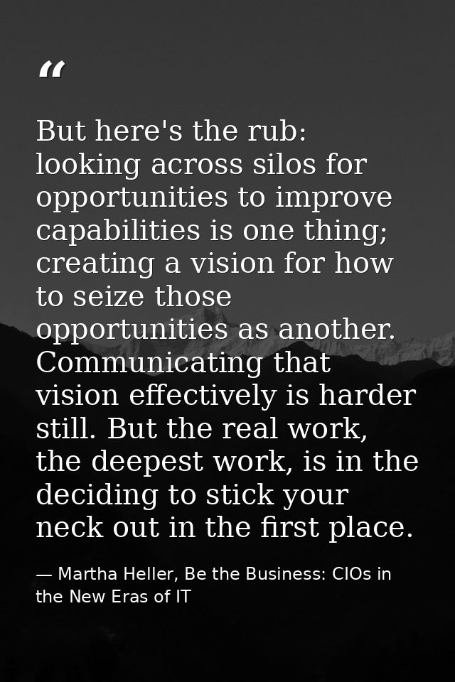 But here's the rub: looking across silos for opportunities to improve capabilities is one thing; creating a vision for h — Martha Heller, Be the Business: CIOs in the New Eras of IT
