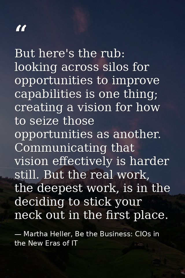 But here's the rub: looking across silos for opportunities to improve capabilities is one thing; creating a vision for h — Martha Heller, Be the Business: CIOs in the New Eras of IT