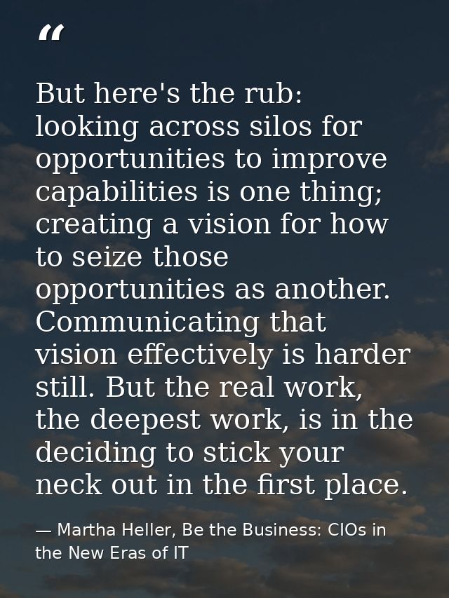 But here's the rub: looking across silos for opportunities to improve capabilities is one thing; creating a vision for h — Martha Heller, Be the Business: CIOs in the New Eras of IT