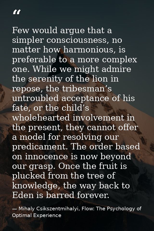Few would argue that a simpler consciousness, no matter how harmonious, is preferable to a more complex one. While we mi — Mihaly Csikszentmihalyi, Flow: The Psychology of Optimal Experience