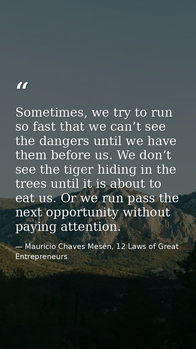 Sometimes, we try to run so fast that we can’t see the dangers until we have them before us. We don’t see the tiger hidi — Mauricio Chaves Mesén, 12 Laws of Great Entrepreneurs
