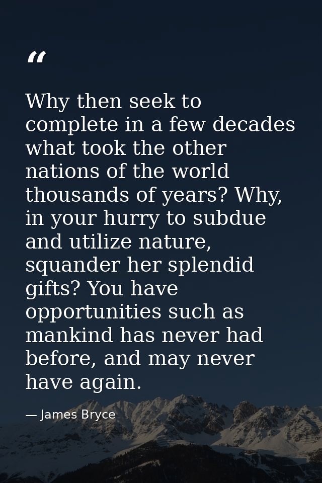 Why then seek to complete in a few decades what took the other nations of the world thousands of years? Why, in your hur — James Bryce