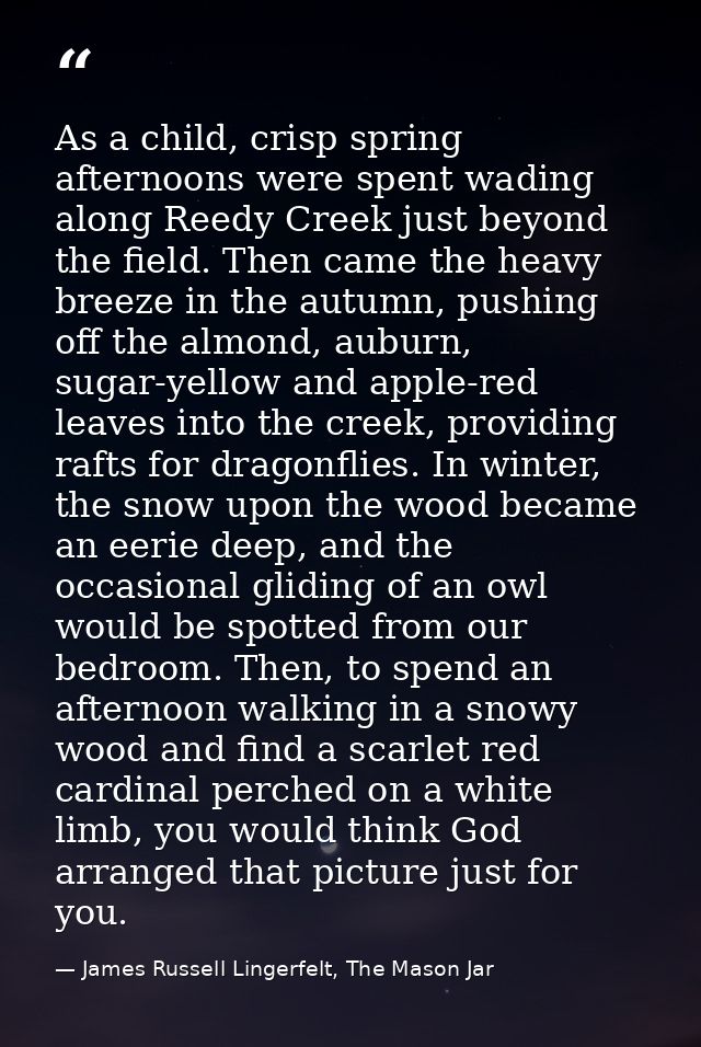 As a child, crisp spring afternoons were spent wading along Reedy Creek just beyond the field. Then came the heavy breez — James Russell Lingerfelt, The Mason Jar