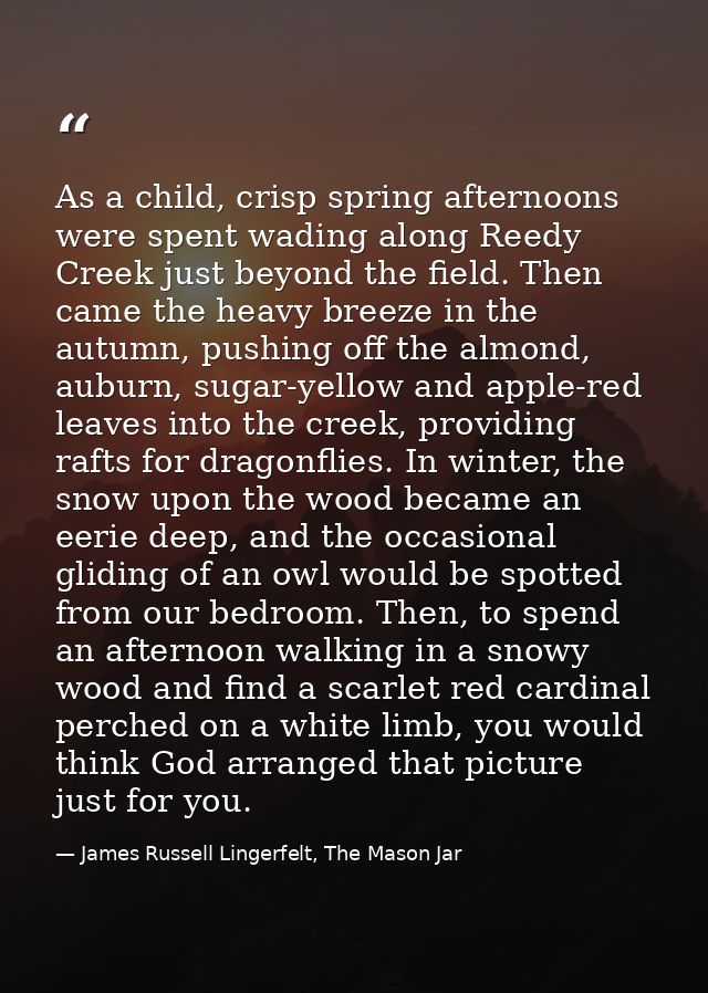 As a child, crisp spring afternoons were spent wading along Reedy Creek just beyond the field. Then came the heavy breez — James Russell Lingerfelt, The Mason Jar
