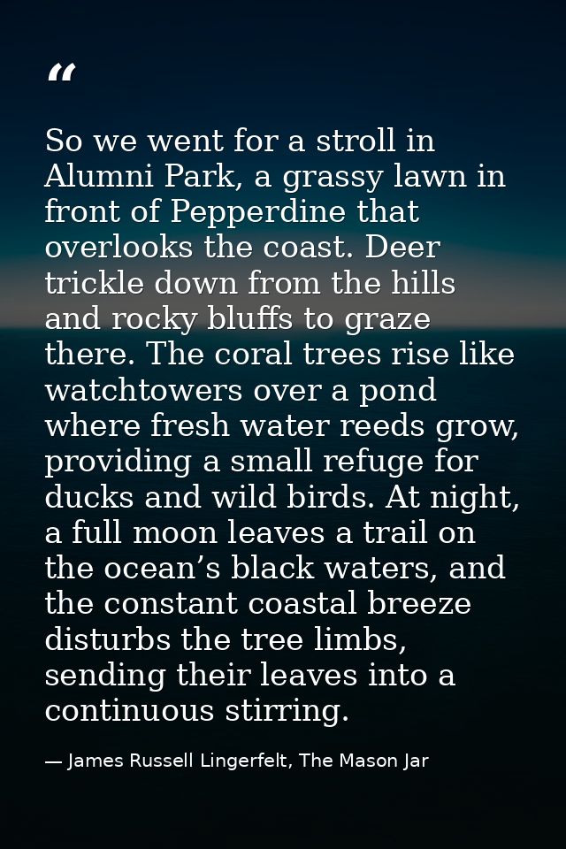 So we went for a stroll in Alumni Park, a grassy lawn in front of Pepperdine that overlooks the coast. Deer trickle down — James Russell Lingerfelt, The Mason Jar