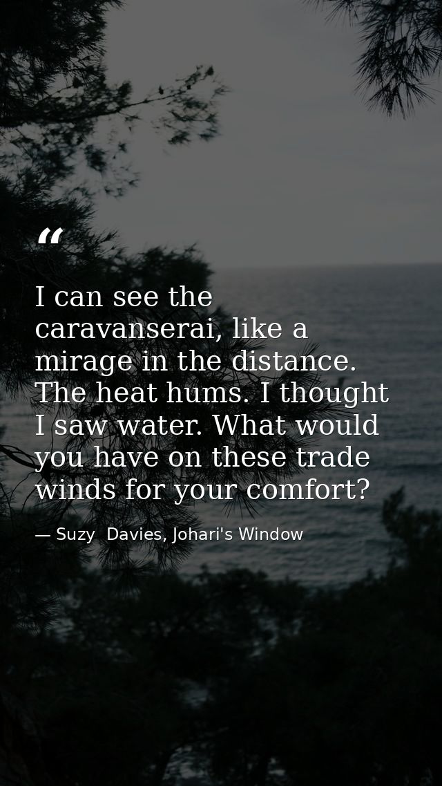 I can see the caravanserai, like a mirage in the distance. The heat hums. I thought I saw water. What would you have on  — Suzy  Davies, Johari's Window