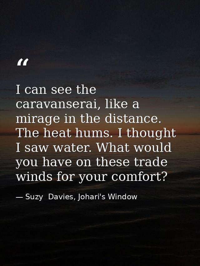 I can see the caravanserai, like a mirage in the distance. The heat hums. I thought I saw water. What would you have on  — Suzy  Davies, Johari's Window