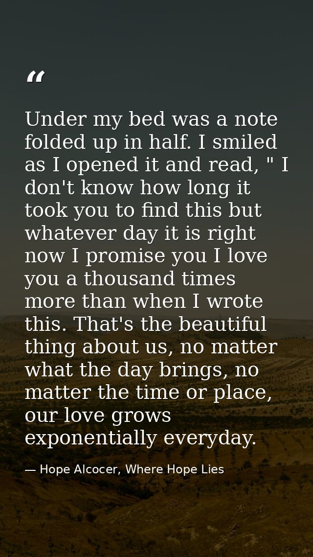 Under my bed was a note folded up in half. I smiled as I opened it and read, " I don't know how long it took you to find — Hope Alcocer, Where Hope Lies