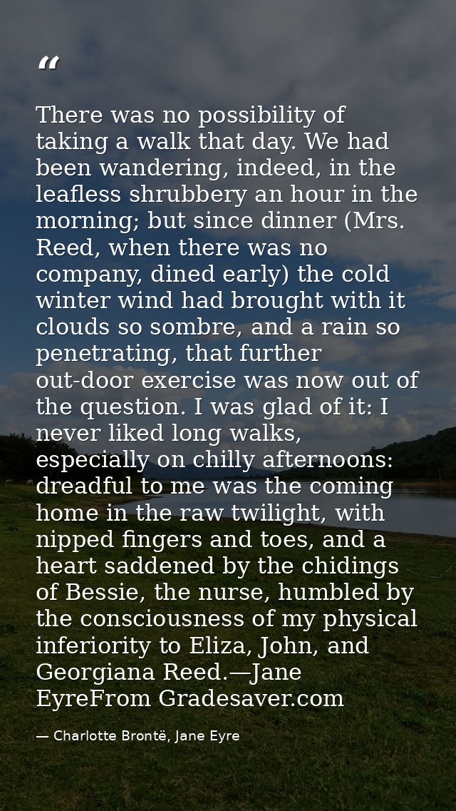 There was no possibility of taking a walk that day. We had been wandering, indeed, in the leafless shrubbery an hour in  — Charlotte Brontë, Jane Eyre