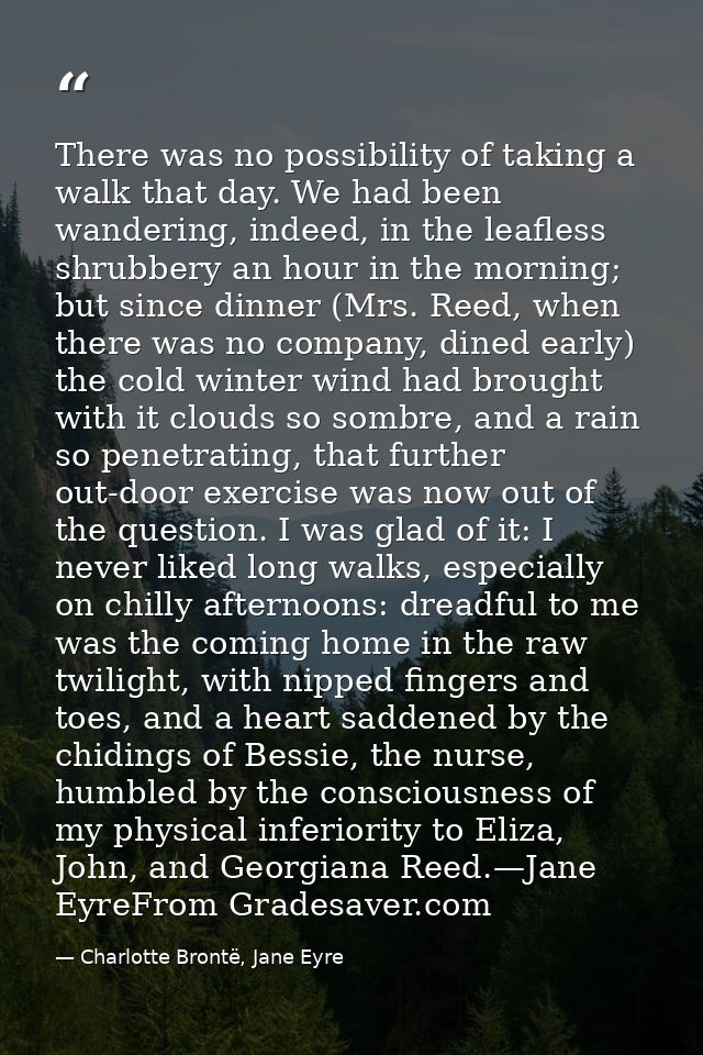 There was no possibility of taking a walk that day. We had been wandering, indeed, in the leafless shrubbery an hour in  — Charlotte Brontë, Jane Eyre