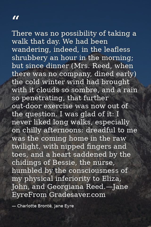 There was no possibility of taking a walk that day. We had been wandering, indeed, in the leafless shrubbery an hour in  — Charlotte Brontë, Jane Eyre