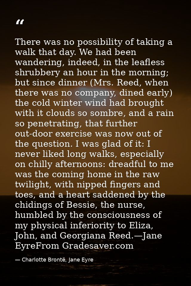 There was no possibility of taking a walk that day. We had been wandering, indeed, in the leafless shrubbery an hour in  — Charlotte Brontë, Jane Eyre
