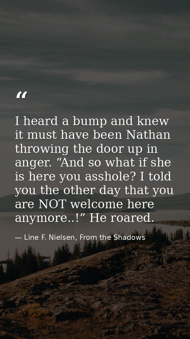 I heard a bump and knew it must have been Nathan throwing the door up in anger. “And so what if she is here you asshole? — Line F. Nielsen, From the Shadows