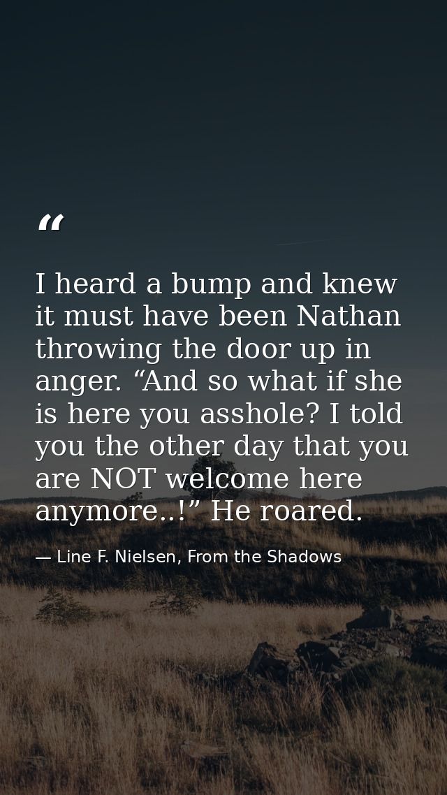 I heard a bump and knew it must have been Nathan throwing the door up in anger. “And so what if she is here you asshole? — Line F. Nielsen, From the Shadows