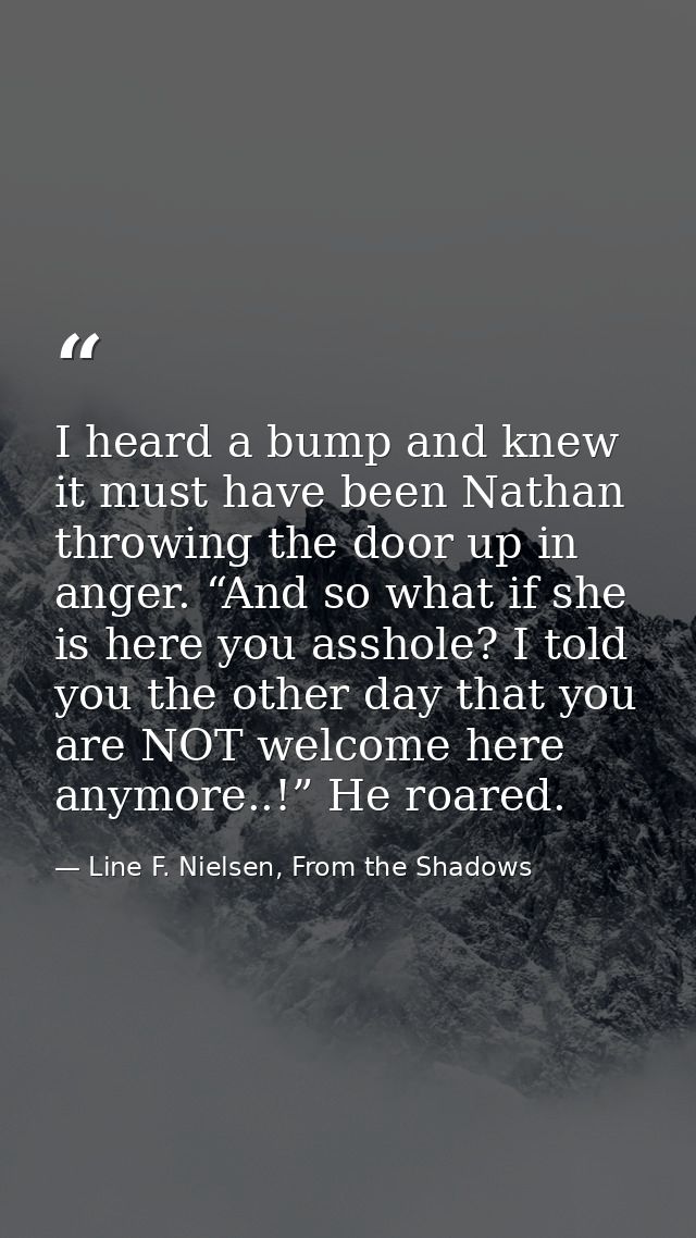 I heard a bump and knew it must have been Nathan throwing the door up in anger. “And so what if she is here you asshole? — Line F. Nielsen, From the Shadows