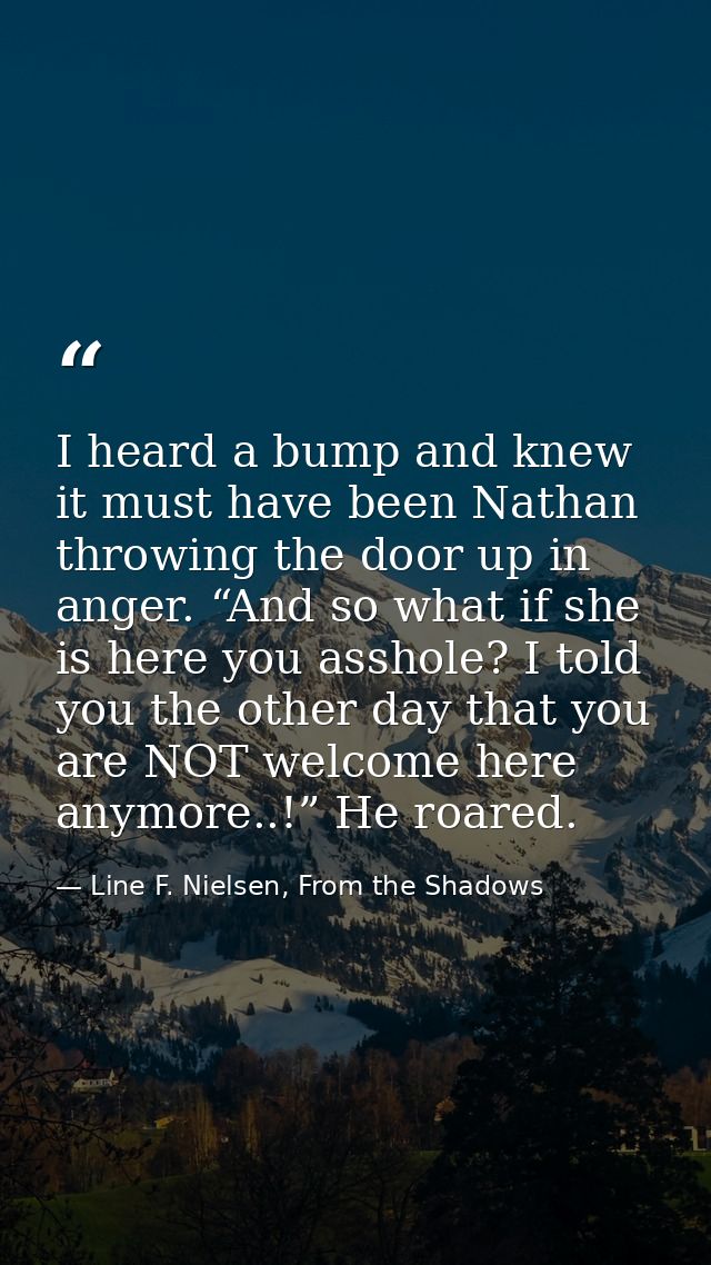 I heard a bump and knew it must have been Nathan throwing the door up in anger. “And so what if she is here you asshole? — Line F. Nielsen, From the Shadows