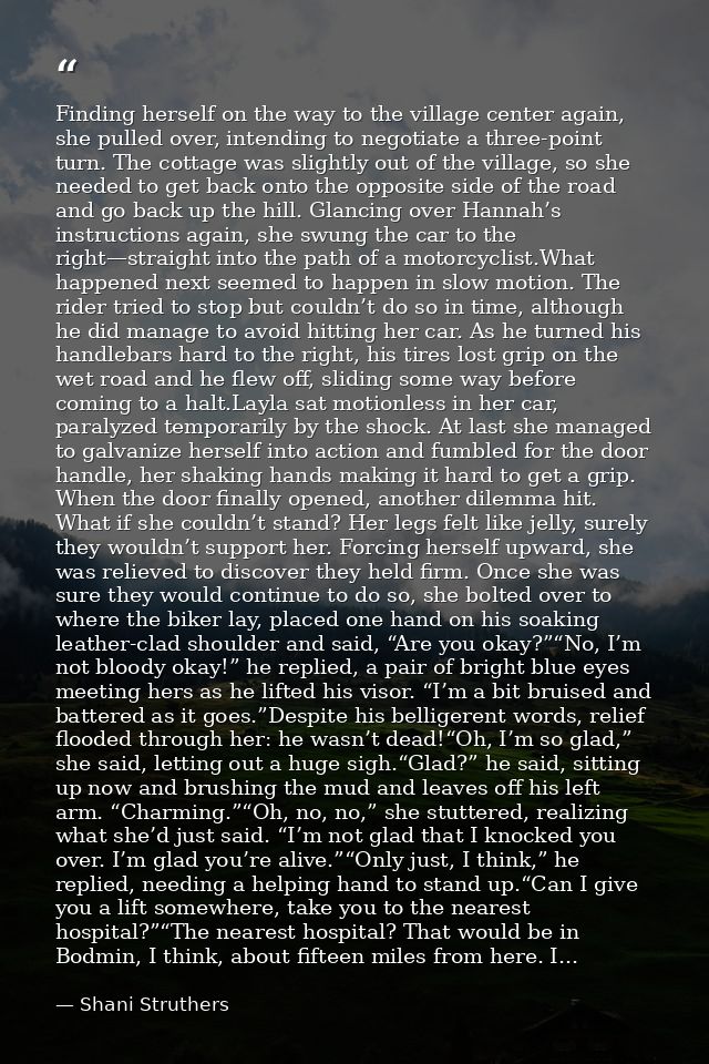 Finding herself on the way to the village center again, she pulled over, intending to negotiate a three-point turn. The  — Shani Struthers