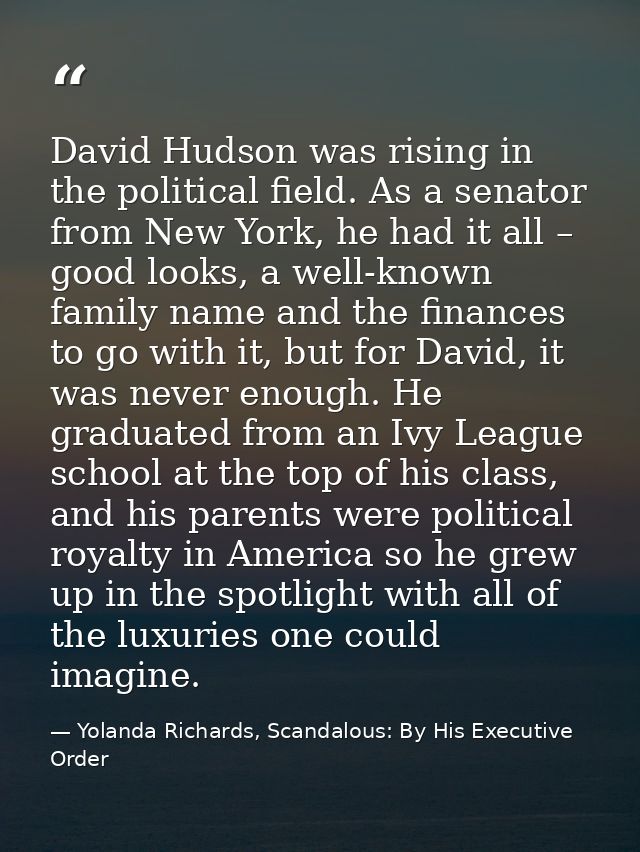 David Hudson was rising in the political field. As a senator from New York, he had it all – good looks, a well-known fam — Yolanda Richards, Scandalous: By His Executive Order
