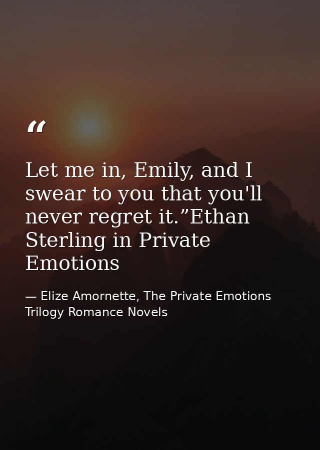 Let me in, Emily, and I swear to you that you'll never regret it.”Ethan Sterling in Private Emotions — Elize Amornette, The Private Emotions Trilogy Romance Novels