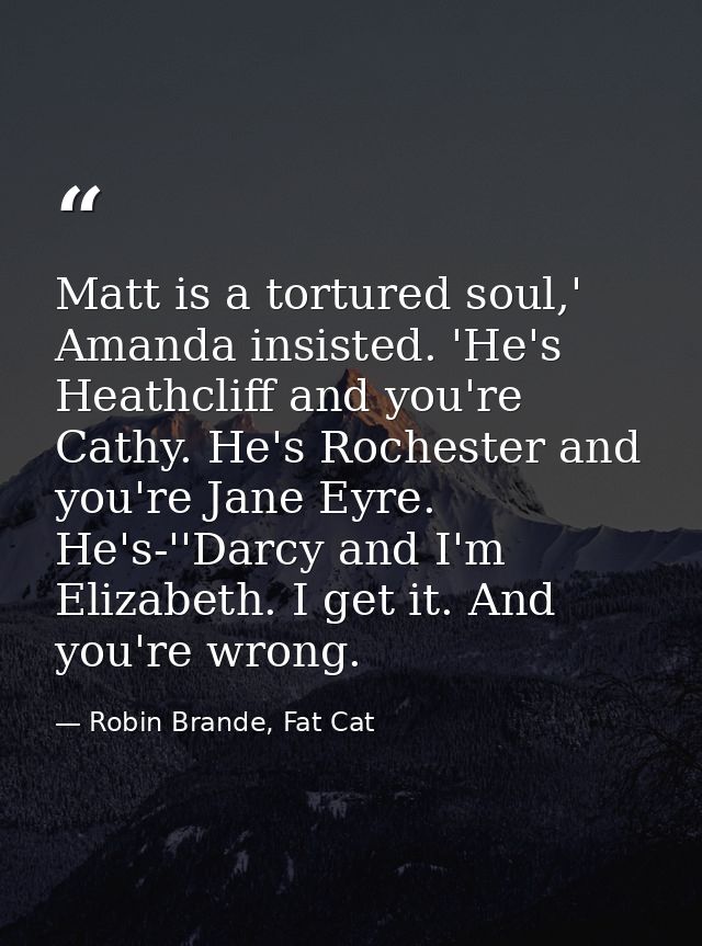 Matt is a tortured soul,' Amanda insisted. 'He's Heathcliff and you're Cathy. He's Rochester and you're Jane Eyre. He's- — Robin Brande, Fat Cat