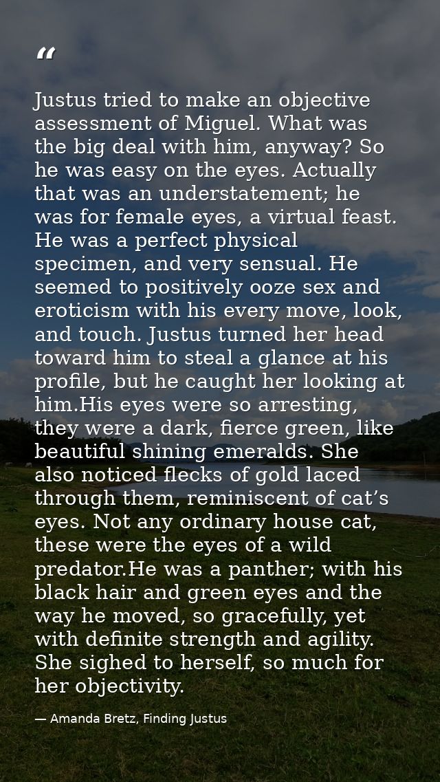 Justus tried to make an objective assessment of Miguel. What was the big deal with him, anyway? So he was easy on the ey — Amanda Bretz, Finding Justus