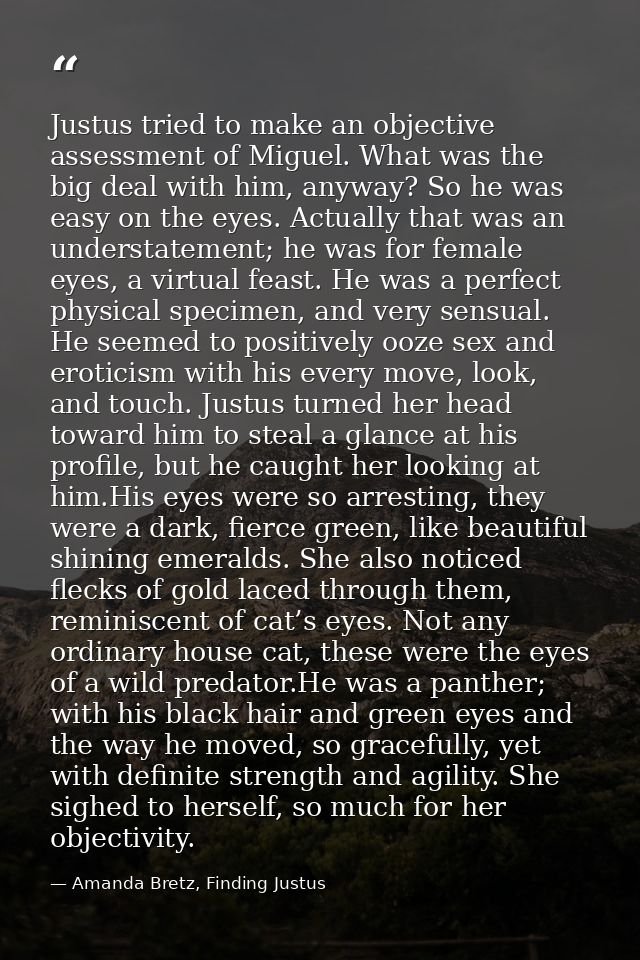 Justus tried to make an objective assessment of Miguel. What was the big deal with him, anyway? So he was easy on the ey — Amanda Bretz, Finding Justus