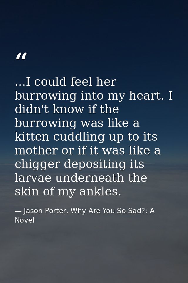 ...I could feel her burrowing into my heart. I didn't know if the burrowing was like a kitten cuddling up to its mother  — Jason Porter, Why Are You So Sad?: A Novel