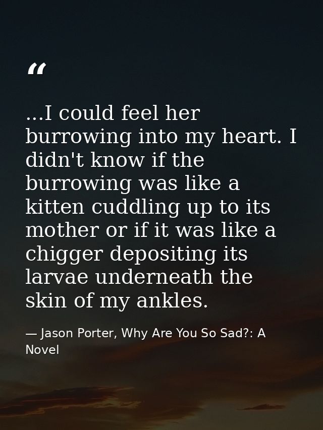 ...I could feel her burrowing into my heart. I didn't know if the burrowing was like a kitten cuddling up to its mother  — Jason Porter, Why Are You So Sad?: A Novel