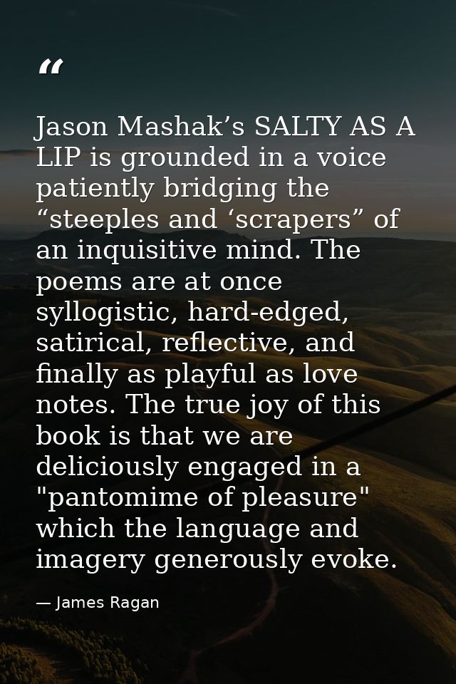 Jason Mashak’s SALTY AS A LIP is grounded in a voice patiently bridging the “steeples and ‘scrapers” of an inquisitive m — James Ragan