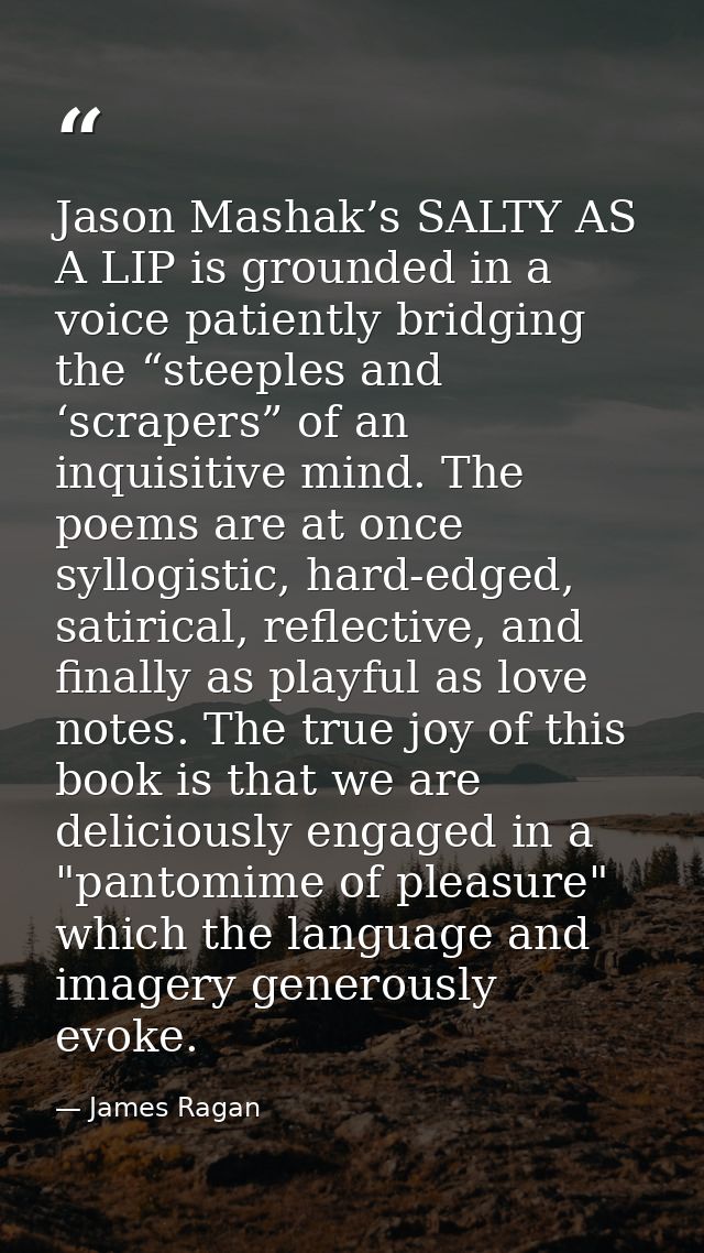 Jason Mashak’s SALTY AS A LIP is grounded in a voice patiently bridging the “steeples and ‘scrapers” of an inquisitive m — James Ragan