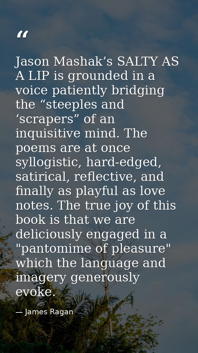 Jason Mashak’s SALTY AS A LIP is grounded in a voice patiently bridging the “steeples and ‘scrapers” of an inquisitive m — James Ragan