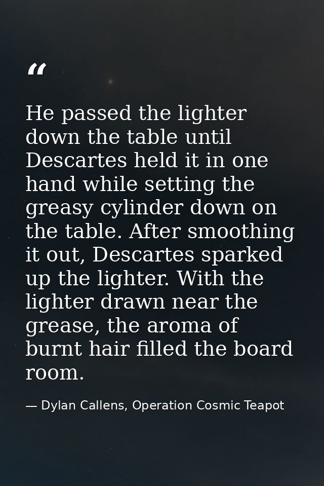 He passed the lighter down the table until Descartes held it in one hand while setting the greasy cylinder down on the t — Dylan Callens, Operation Cosmic Teapot