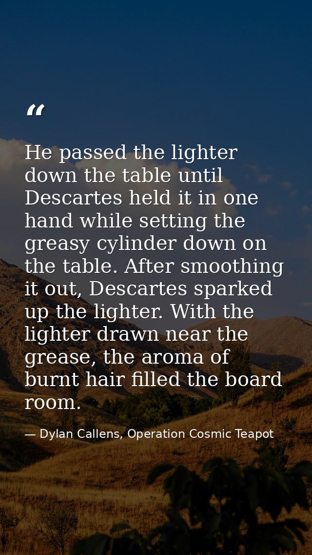 He passed the lighter down the table until Descartes held it in one hand while setting the greasy cylinder down on the t — Dylan Callens, Operation Cosmic Teapot