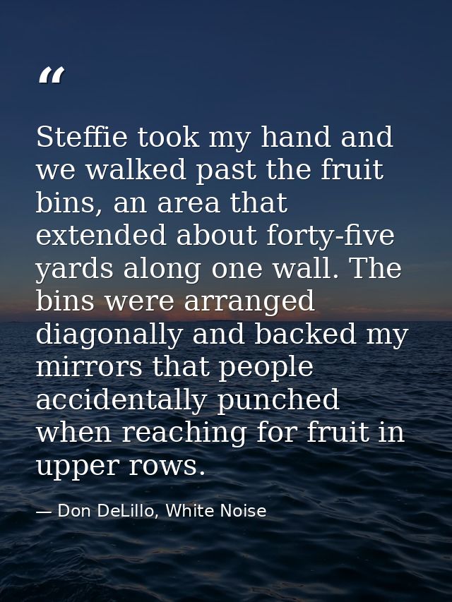 Steffie took my hand and we walked past the fruit bins, an area that extended about forty-five yards along one wall. The — Don DeLillo, White Noise