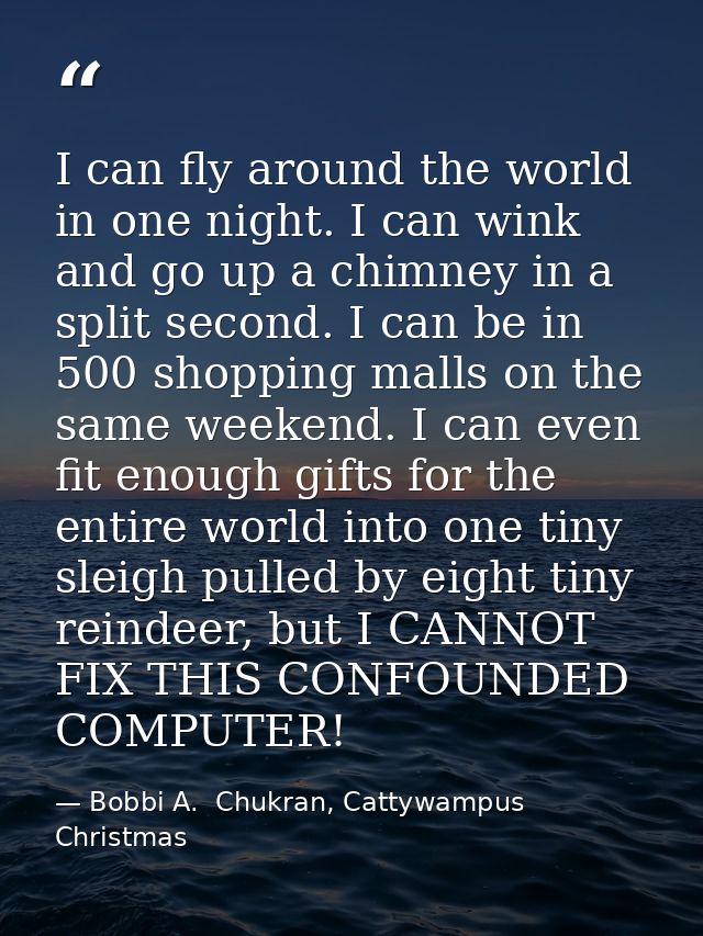 I can fly around the world in one night. I can wink and go up a chimney in a split second. I can be in 500 shopping mall — Bobbi A.  Chukran, Cattywampus Christmas