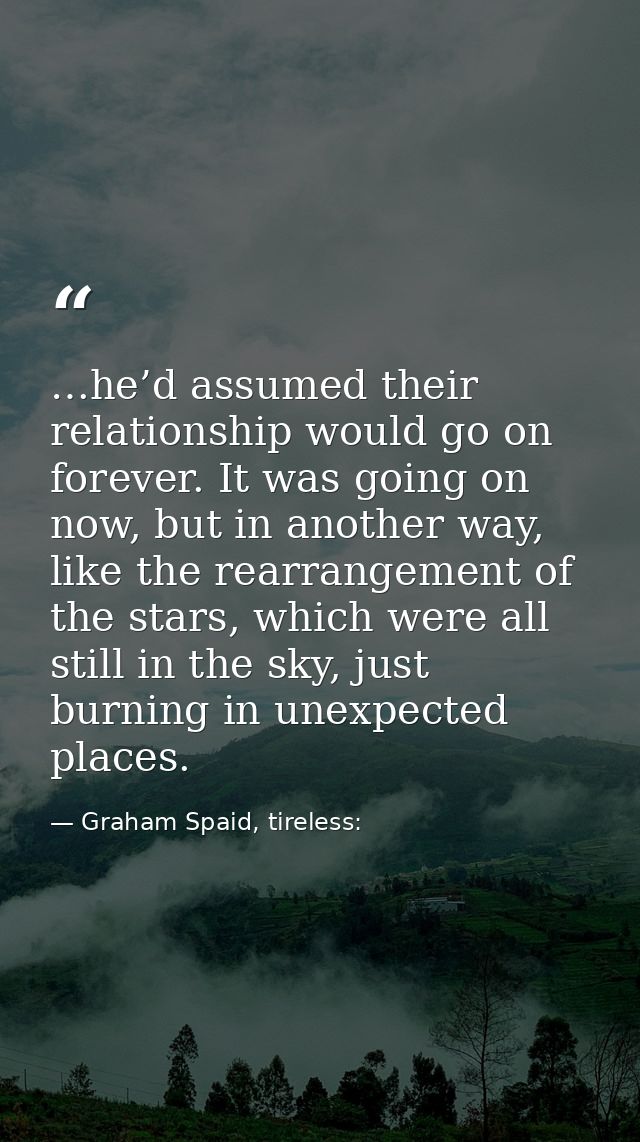 …he’d assumed their relationship would go on forever. It was going on now, but in another way, like the rearrangement of — Graham Spaid, tireless:
