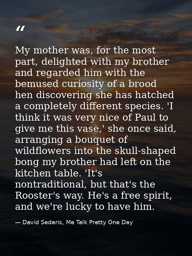 My mother was, for the most part, delighted with my brother and regarded him with the bemused curiosity of a brood hen d — David Sedaris, Me Talk Pretty One Day