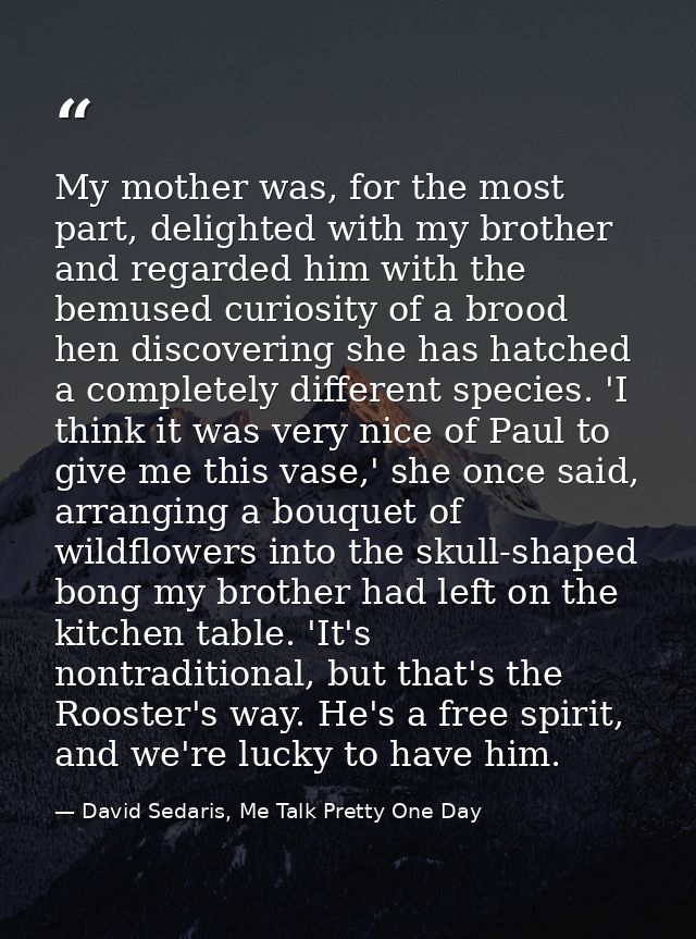 My mother was, for the most part, delighted with my brother and regarded him with the bemused curiosity of a brood hen d — David Sedaris, Me Talk Pretty One Day
