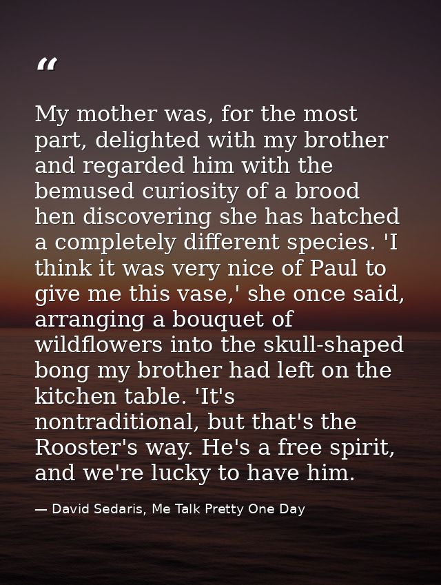 My mother was, for the most part, delighted with my brother and regarded him with the bemused curiosity of a brood hen d — David Sedaris, Me Talk Pretty One Day