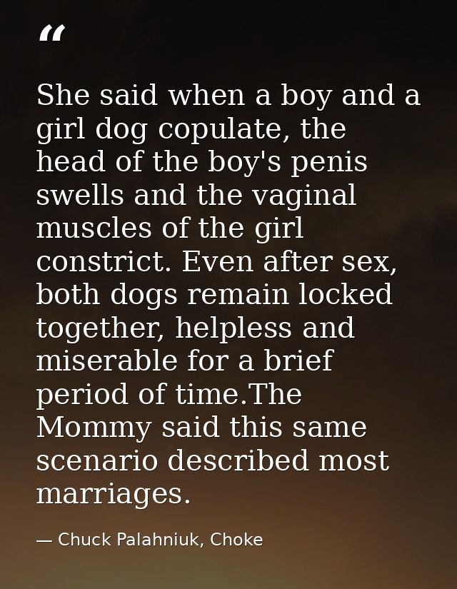She said when a boy and a girl dog copulate, the head of the boy's penis swells and the vaginal muscles of the girl cons — Chuck Palahniuk, Choke