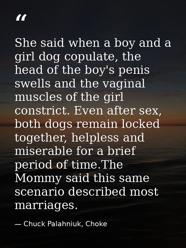 She said when a boy and a girl dog copulate, the head of the boy's penis swells and the vaginal muscles of the girl cons — Chuck Palahniuk, Choke