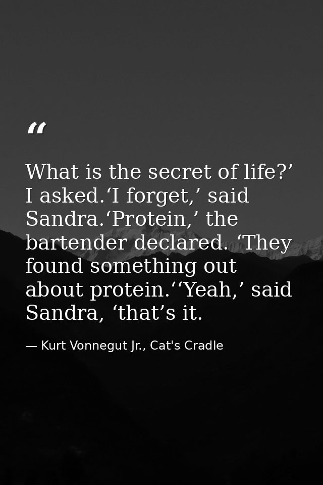 What is the secret of life?’ I asked.‘I forget,’ said Sandra.‘Protein,’ the bartender declared. ‘They found something ou — Kurt Vonnegut Jr., Cat's Cradle