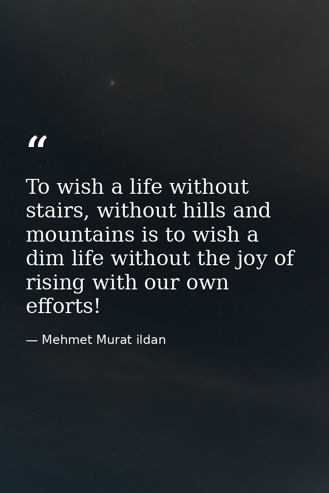 To wish a life without stairs, without hills and mountains is to wish a dim life without the joy of rising with our own  — Mehmet Murat ildan