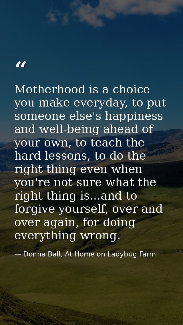 Motherhood is a choice you make everyday, to put someone else's happiness and well-being ahead of your own, to teach the — Donna Ball, At Home on Ladybug Farm