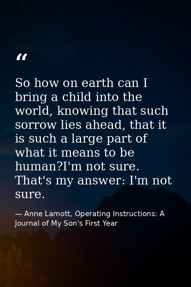 So how on earth can I bring a child into the world, knowing that such sorrow lies ahead, that it is such a large part of — Anne Lamott, Operating Instructions: A Journal of My Son's First Year
