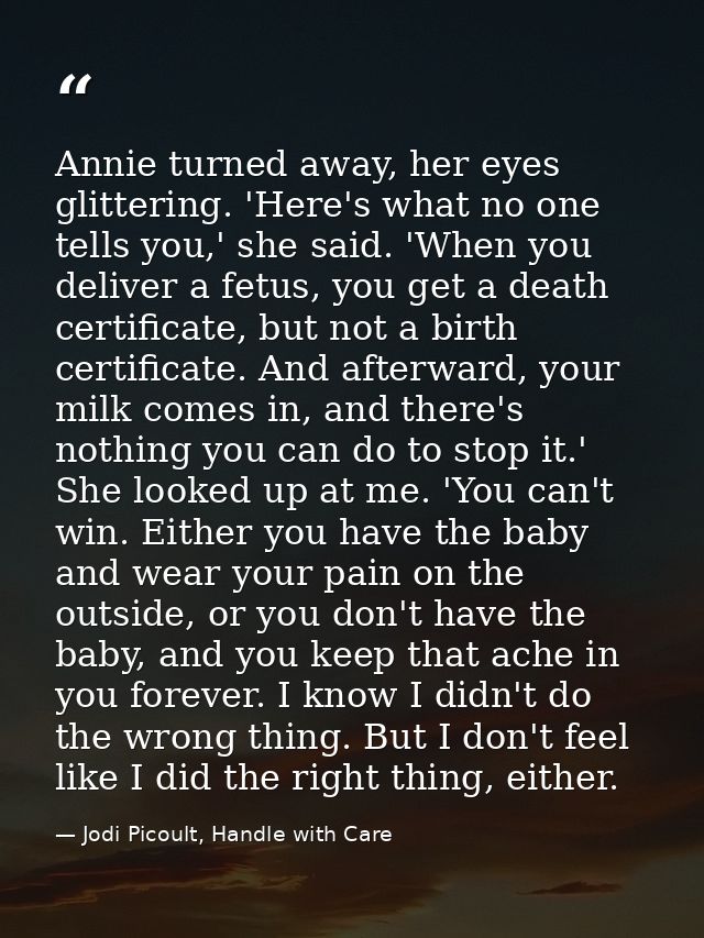 Annie turned away, her eyes glittering. 'Here's what no one tells you,' she said. 'When you deliver a fetus, you get a d — Jodi Picoult, Handle with Care