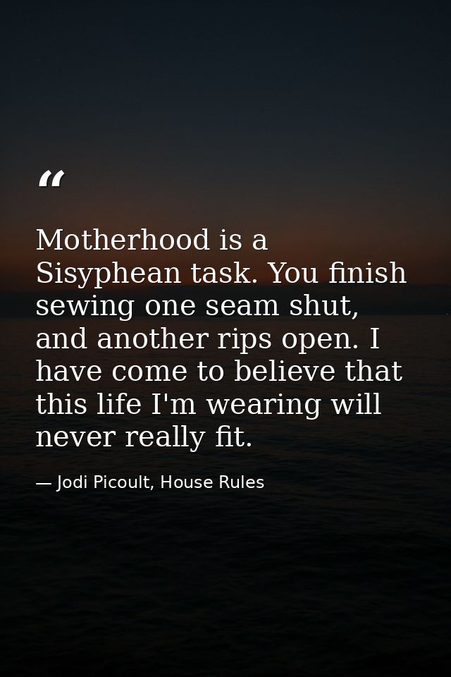 Motherhood is a Sisyphean task. You finish sewing one seam shut, and another rips open. I have come to believe that this — Jodi Picoult, House Rules