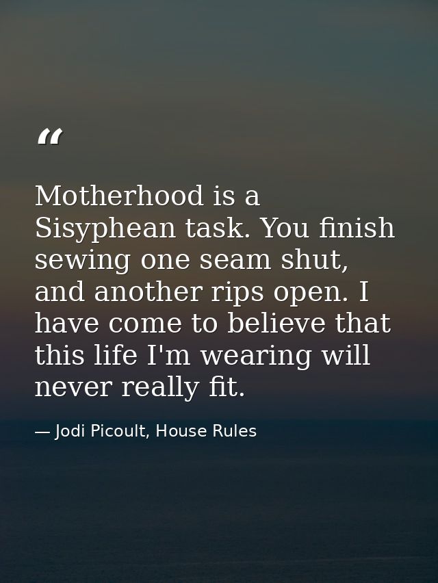 Motherhood is a Sisyphean task. You finish sewing one seam shut, and another rips open. I have come to believe that this — Jodi Picoult, House Rules