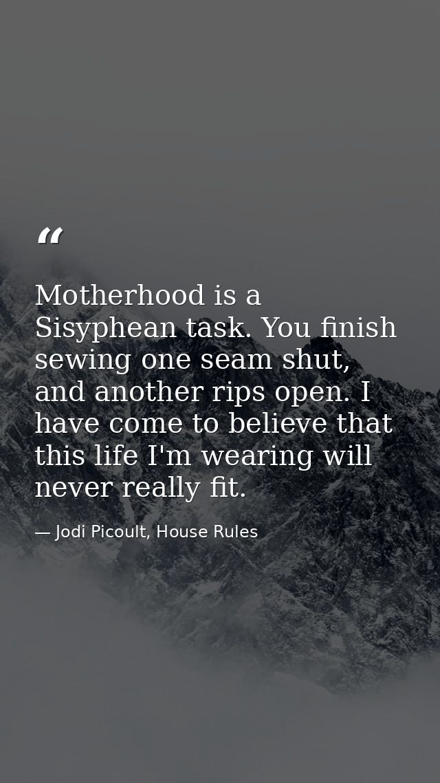 Motherhood is a Sisyphean task. You finish sewing one seam shut, and another rips open. I have come to believe that this — Jodi Picoult, House Rules